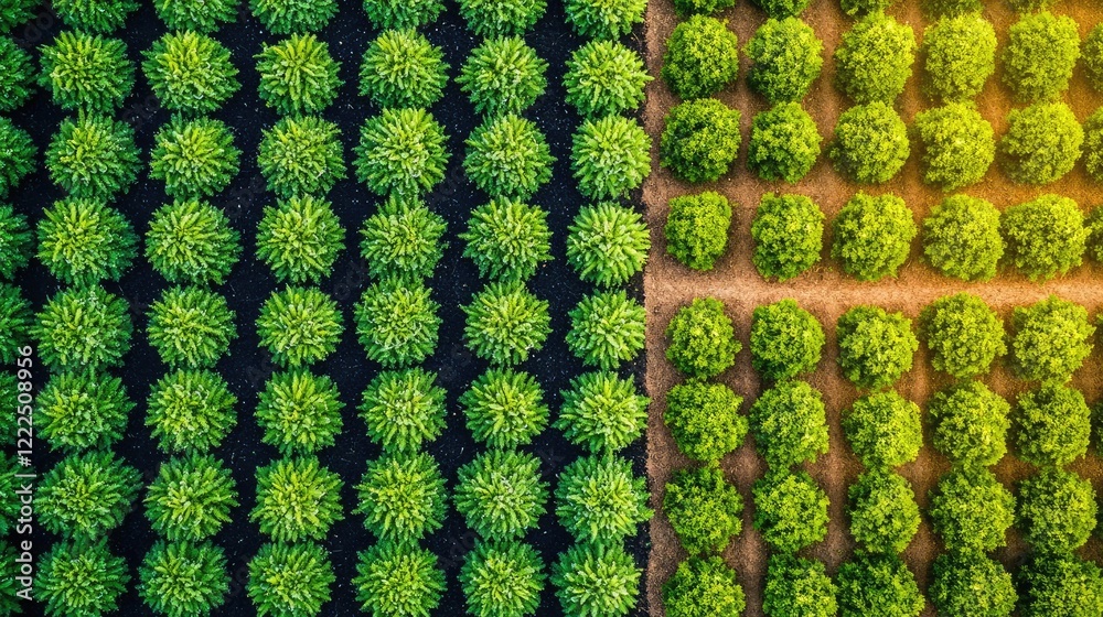 Natural fertilizer gardening idea. Aerial view of vibrant green trees arranged in a patterned landscape. Natural fertilizer gardening idea. Aerial view of vibrant green trees arranged in a patterned landscape.