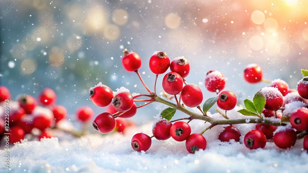 Red Berries on Snowy Landscape, Winter Beauty Red Berries on Snowy Landscape, Winter Beauty