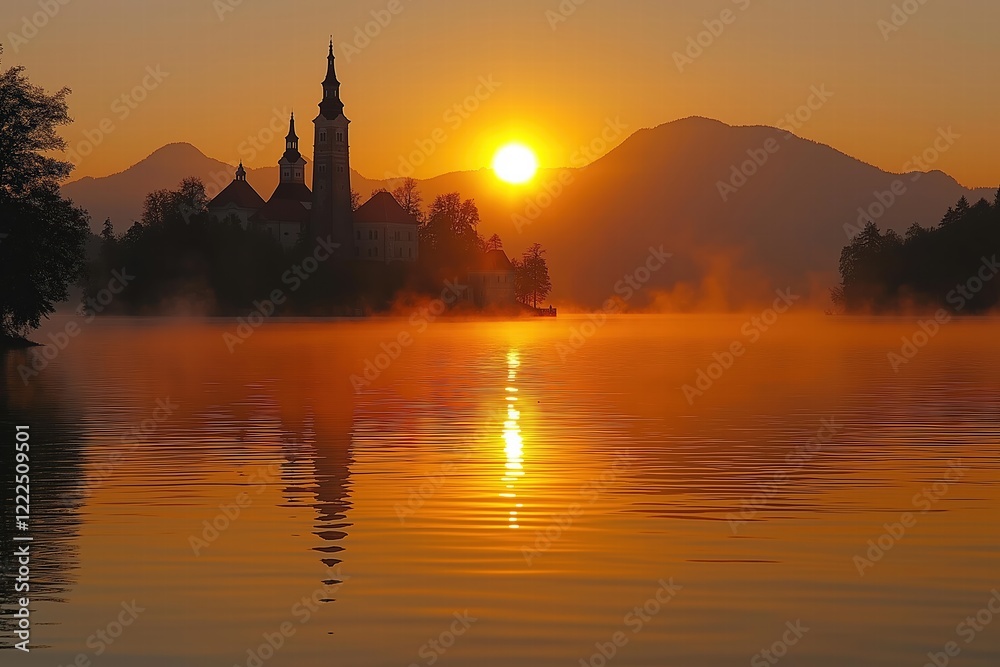 Naklejka premium Sunrise over lake bled reflecting on water with pilgrimage church of the assumption of maria, slovenia