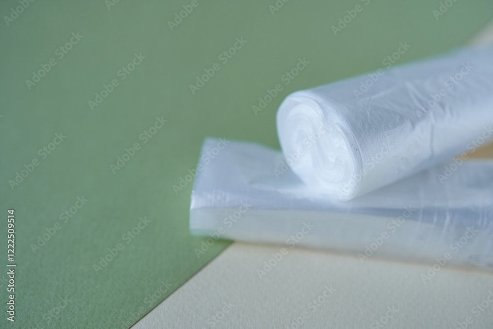 Obraz premium plastic bags on a green and white background, close-up