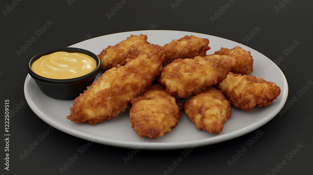 Crispy Chicken Tenders Served on a Plate with Honey Mustard Sauce in a Gourmet Style Presentation Crispy Chicken Tenders Served on a Plate with Honey Mustard Sauce in a Gourmet Style Presentation