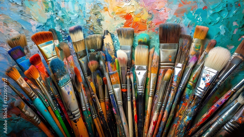 Obraz premium Bright illustration of artistic tools: brushes, pencils, and a watercolor palette. A colorful and stylish design perfect for art, creativity, education, and hobby-related themes