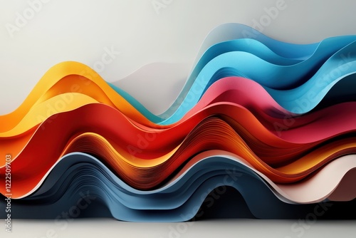 An artistic display of vibrant, flowing paper waves in soft shades of orange, pink, blue, and red, creating a soothing and cheerful visual effect.