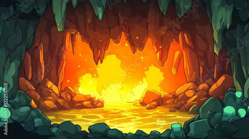 Dark toxic cave cartoon game background. Fantasy underground landscape inside mountain scene vector illustration. Adventure level in stone cavern with path through poisonous river flow with bubble. photo