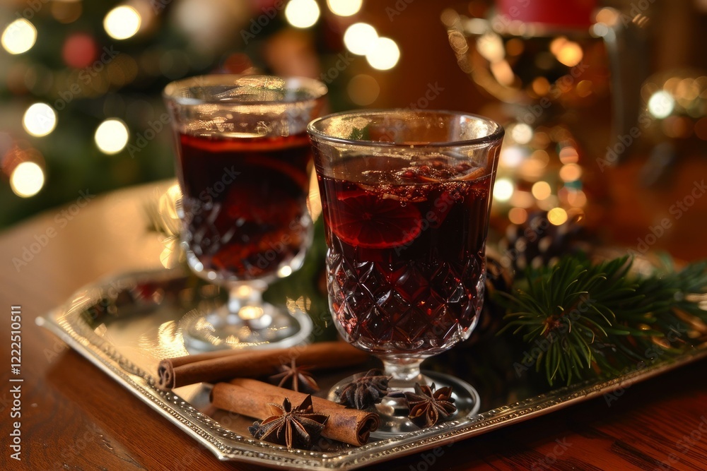 Christmas hot mulled red wine with spices and fruits on a silver tray with christmas tree lights in the background Christmas hot mulled red wine with spices and fruits on a silver tray with christmas tree lights in the background