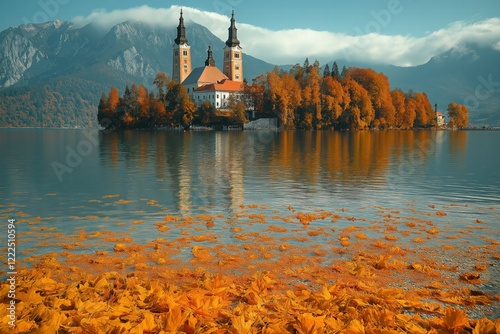 Assumption of mary pilgrimage church on lake bled island reflecting on calm water in autumn photo