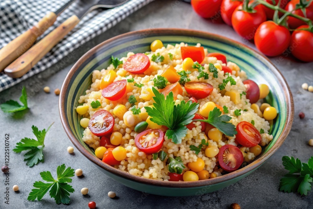 A vibrant and healthy couscous salad, featuring a medley of colorful vegetables and legumes, served in a rustic bowl, garnished with fresh parsley, creating a visually appealing and nutritious meal. A vibrant and healthy couscous salad, featuring a medley of colorful vegetables and legumes, served in a rustic bowl, garnished with fresh parsley, creating a visually appealing and nutritious meal.