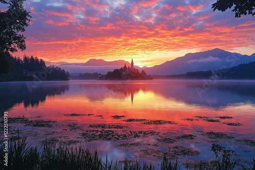 Sunrise painting the sky over lake bled island in slovenia
