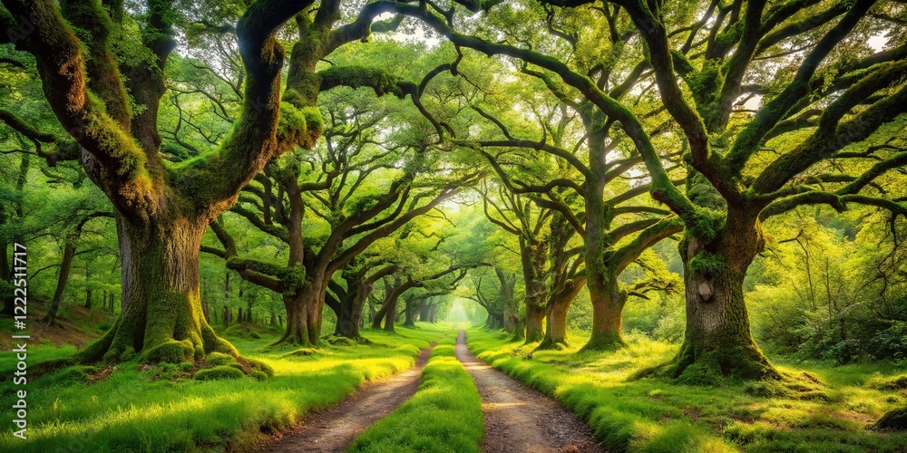 Obraz premium Spring Woodland Trail - Lush Oak Forest Path