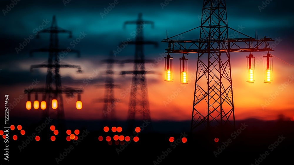 Fototapeta premium Dramatic Power Lines Silhouetted Against Colorful Sunset Sky