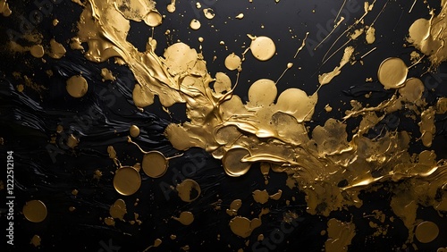 Abstract Golden Paint Splatters Creating Visual Interest Against a Black Background