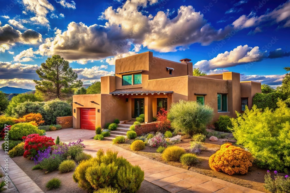 Obraz premium Suburban Santa Fe home, Adobe style, candid shot.