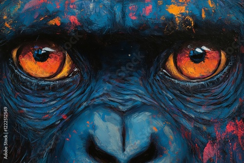 Detail of colorful gorilla face highlighting deep orange eyes and textured fur in vibrant art style photo