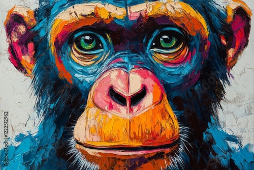 Colorful close-up of a chimpanzee portrait showcasing vivid artistic expression and detail in an urban environment photo