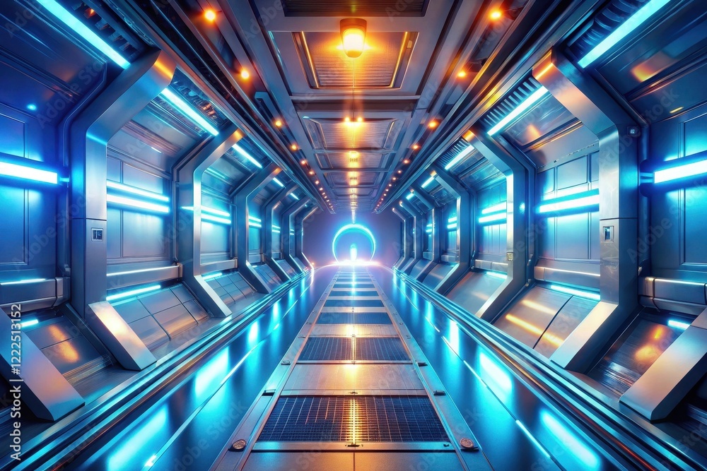 custom made wallpaper toronto digitalFuturistic Corridor Glowing Blue and Orange Lights Illuminate a Sleek, Modern Sci-Fi Passageway Leading to a Bright Portal