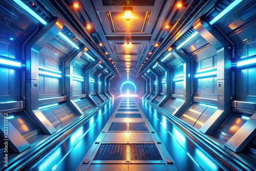 Wallpaper Mural Futuristic Corridor Glowing Blue and Orange Lights Illuminate a Sleek, Modern Sci-Fi Passageway Leading to a Bright Portal Torontodigital.ca