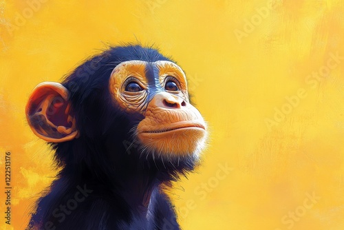Young monkey gazes curiously against a bright yellow background in a serene moment of reflection
