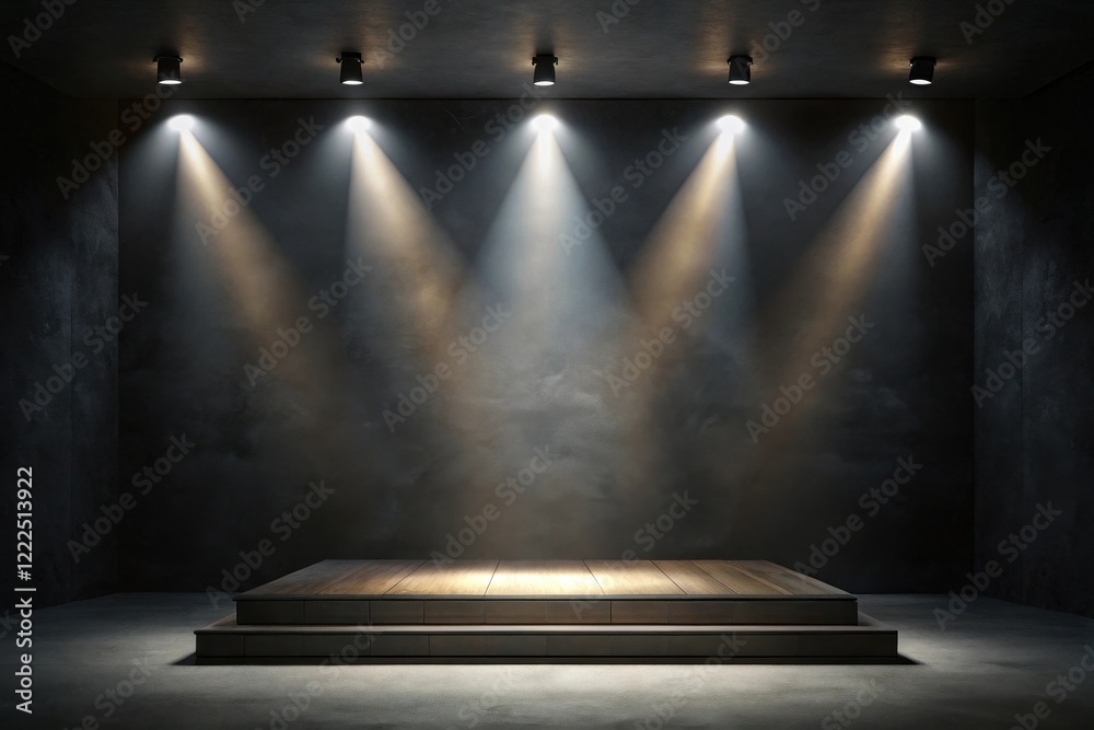 Obraz premium Elevated Wooden Platform Illuminated by Spotlights in a Dark Room with a Textured Wall