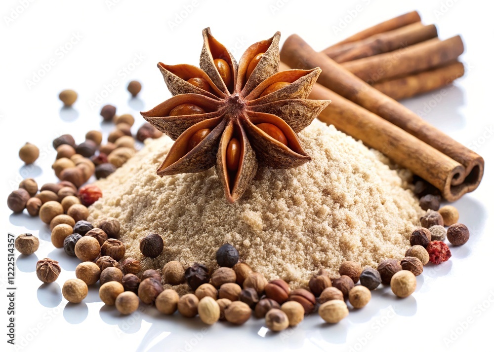 White Pepper Powder & Star Anise - Isolated Closeup White Pepper Powder & Star Anise - Isolated Closeup