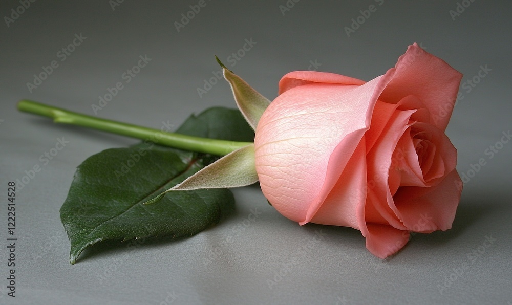 Single pink rose lies on gray backdrop, ideal for romantic or celebratory themes Single pink rose lies on gray backdrop, ideal for romantic or celebratory themes