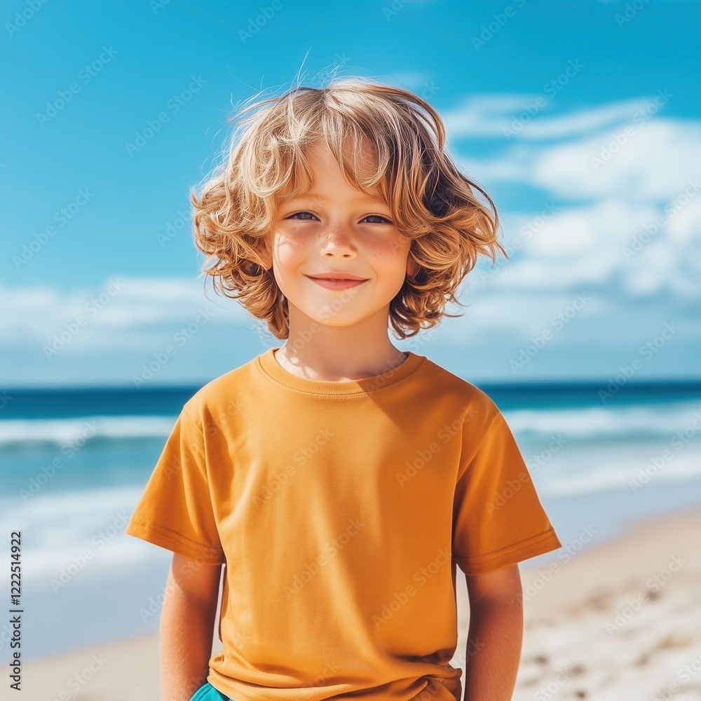 Kids summer t-shirt mockup. Handsome little boy model wearing yellow basic tshirt standing at the beach. Children blank short sleeve t-shirt template. Kids casual tee mockup, sea vacation, outdoors
Kids summer t-shirt mockup. Handsome little boy model wearing yellow basic tshirt standing at the beach. Children blank short sleeve t-shirt template. Kids casual tee mockup, sea vacation, outdoors