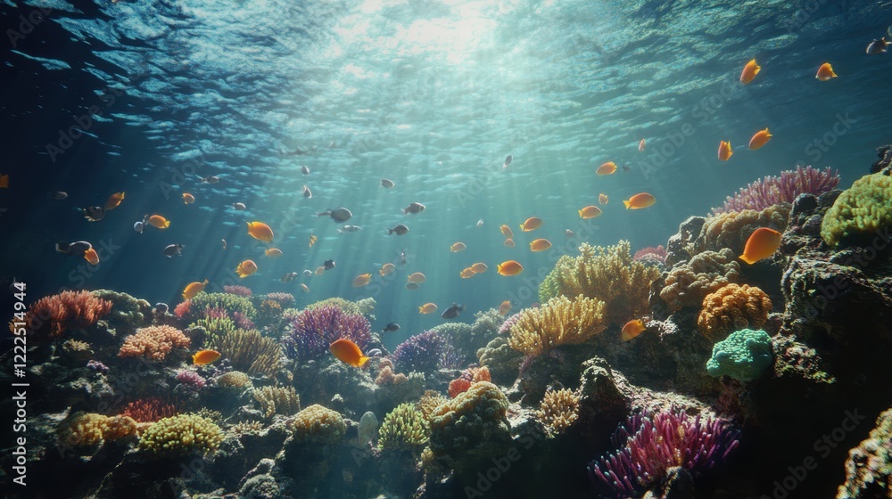 Vibrant Coral Reef Ecosystem with School of Orange Fish and Sunlight Streaming Through the Water Vibrant Coral Reef Ecosystem with School of Orange Fish and Sunlight Streaming Through the Water