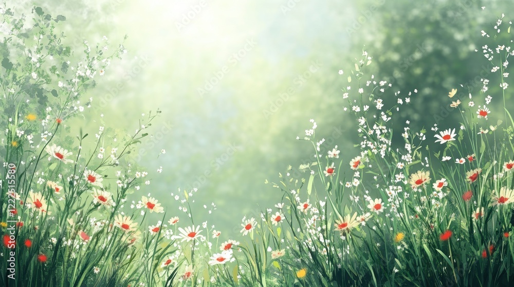 Fototapeta premium Impressionistic Meadow with Daisies and White Flowers, Gentle Spring Light, Soft Green Background.