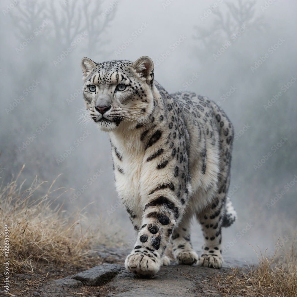 A snow leopard cat walking gracefully through soft, white mist. A snow leopard cat walking gracefully through soft, white mist.