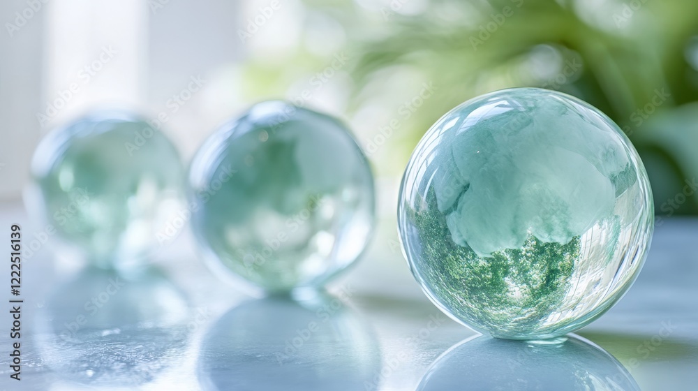 Three Glass Spheres Reflecting Blurred Greenery and Soft Light on a Light Gray Surface. Three Glass Spheres Reflecting Blurred Greenery and Soft Light on a Light Gray Surface.