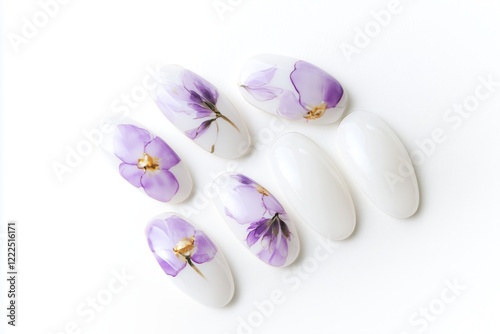 Purple floral nail art on white nails with intricate details and a glossy, polished surface. photo