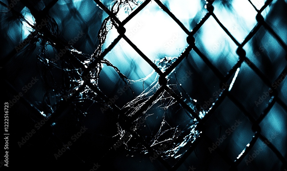 Spiderweb on fence in dark blue abstract background Spiderweb on fence in dark blue abstract background