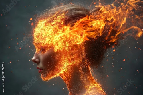 Creative artistic depiction of a woman engulfed in flames symbolizing passion and transformation photo