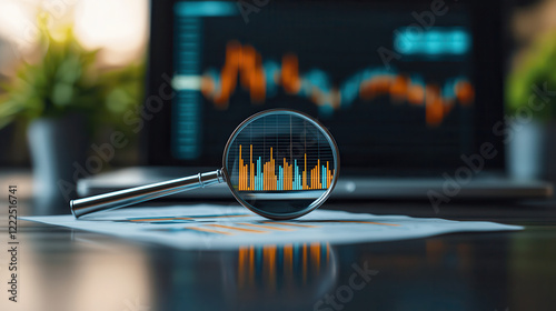 High resolution image of magnifying glass focusing on financial graph, symbolizing analysis and data interpretation. background features laptop displaying additional data
