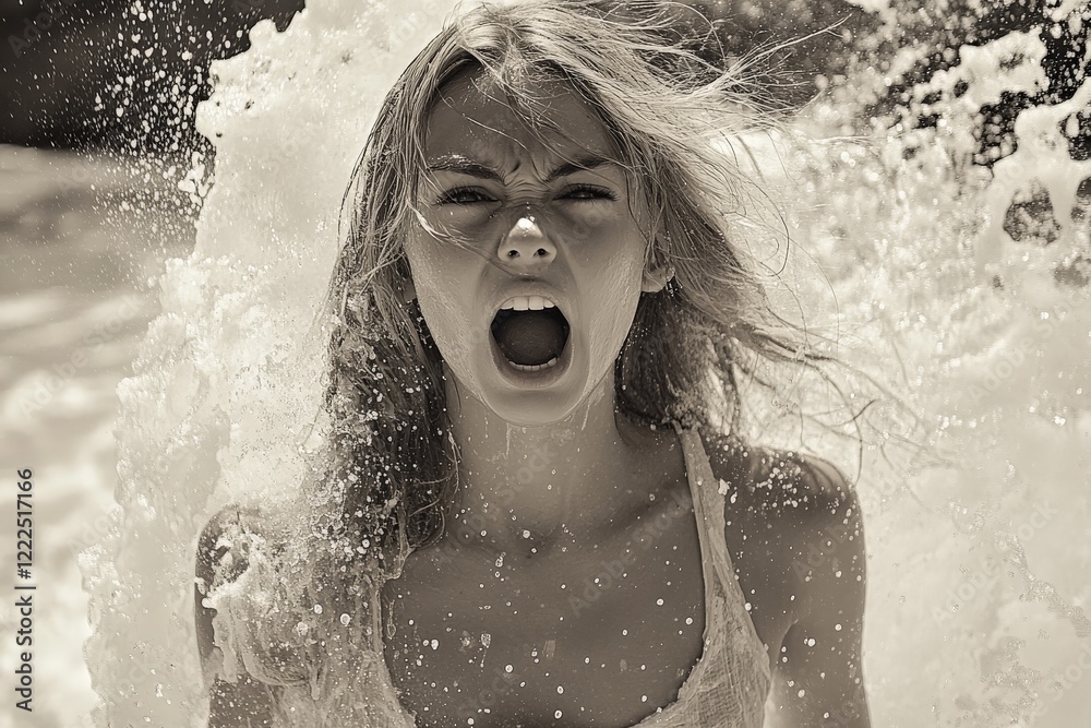 Obraz premium Emotion and energy capture as a young woman embraces ocean waves during a bright, sunny day at the beach