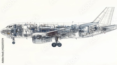 Detailed Technical Blueprint of a Commercial Airplane, Showing Internal Structure and Components, Isolated on White Background.