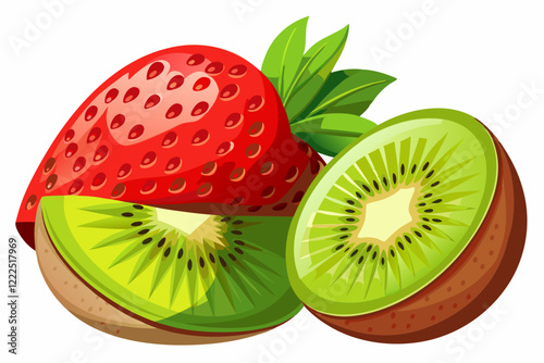 Photorealistic fruit still life with vibrant kiwi slices and ripe red strawberry on a white background