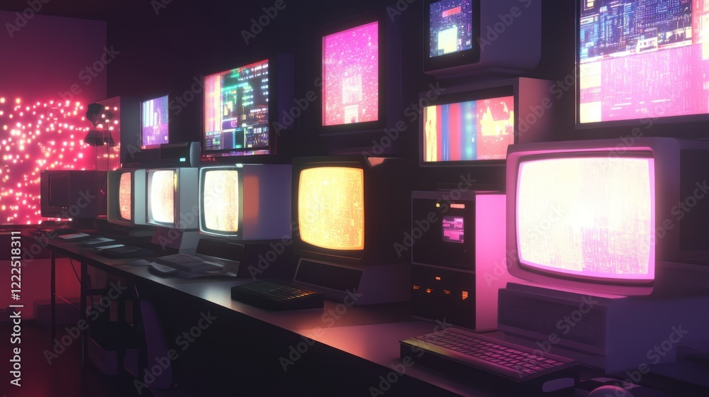 Retro computer room with CRT monitors, glowing screens, and vintage technology.