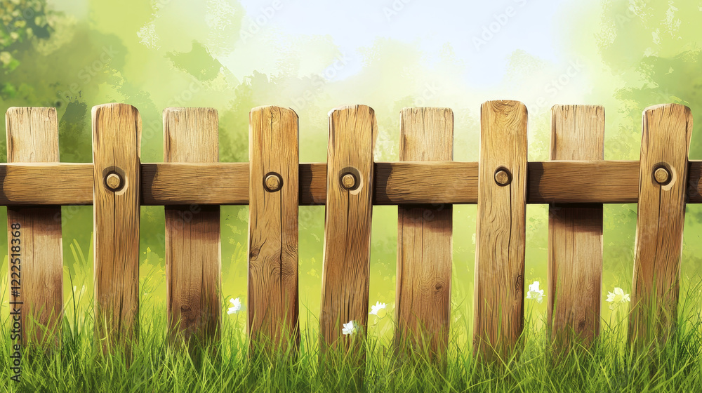 Obraz premium White wooden picket fence with green grass isolated on background. Vector realistic illustration of farm or garden barrier from wood boards on field, meadow or lawn