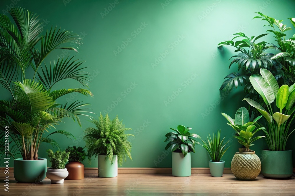 Fototapeta premium Lush Greenery Against a Vibrant Emerald Wall A Serene Indoor Botanical Arrangement Featuring Various Foliage in Stylish Planters