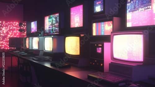 Obraz na płótnie Retro computer room with CRT monitors, glowing screens, and vintage technology. w salonie