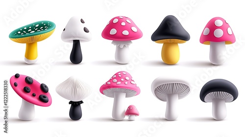 Colorful Cartoon Mushrooms 3D Render Set