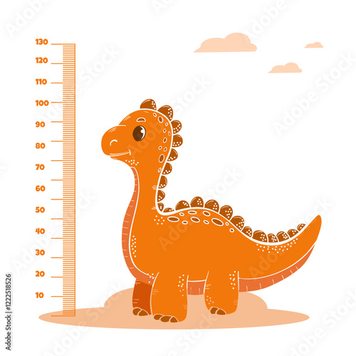 cute orange dino measures height. Growth lines with funny animals, gradual child maturation, cute  dinosaur, vector poster