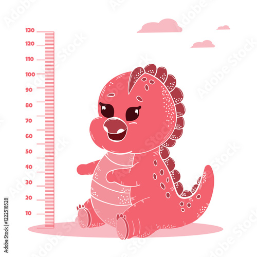 cute pink dino measures height. Growth lines with funny animals, gradual child maturation, cute  dinosaur, vector poster