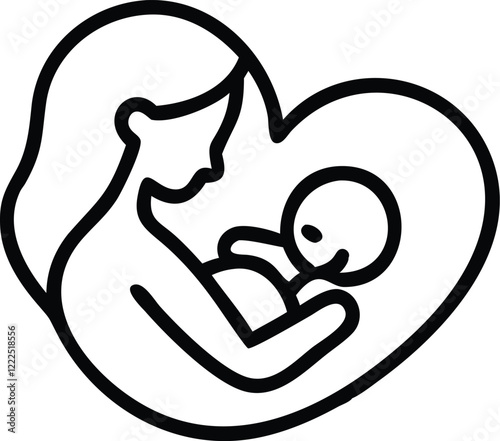 Simple line drawing, heart shape, mother and child silhouette, nurturing embrace, minimalist design, black and white, iconic logo style, maternal love symbol, caring gesture, abstract family represent