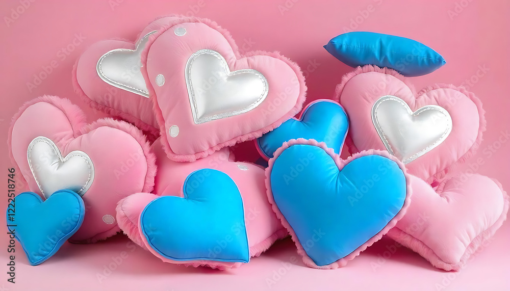 Fototapeta premium Pink cushions shaped like hearts with silver heart designs in the center, all set against a solid pink background, created with generative ai