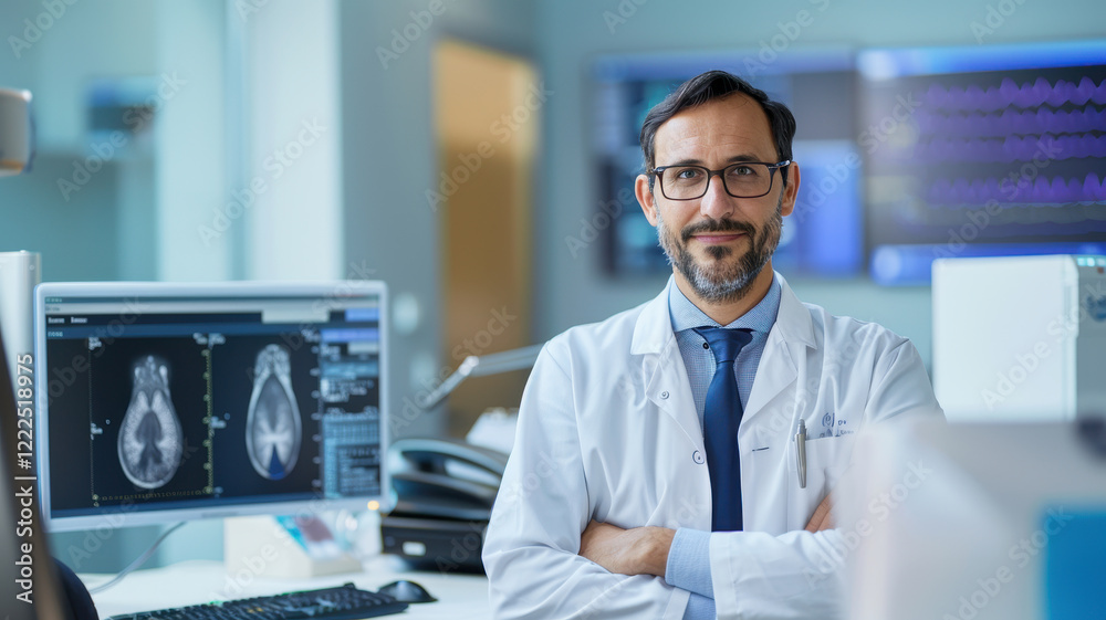 confident doctor in white coat stands in modern medical office with brain scan images displayed on computer monitors, showcasing professional and advanced healthcare environment confident doctor in white coat stands in modern medical office with brain scan images displayed on computer monitors, showcasing professional and advanced healthcare environment