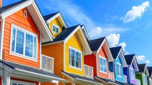 a row of brightly painted houses in a lively urban neighborhood.