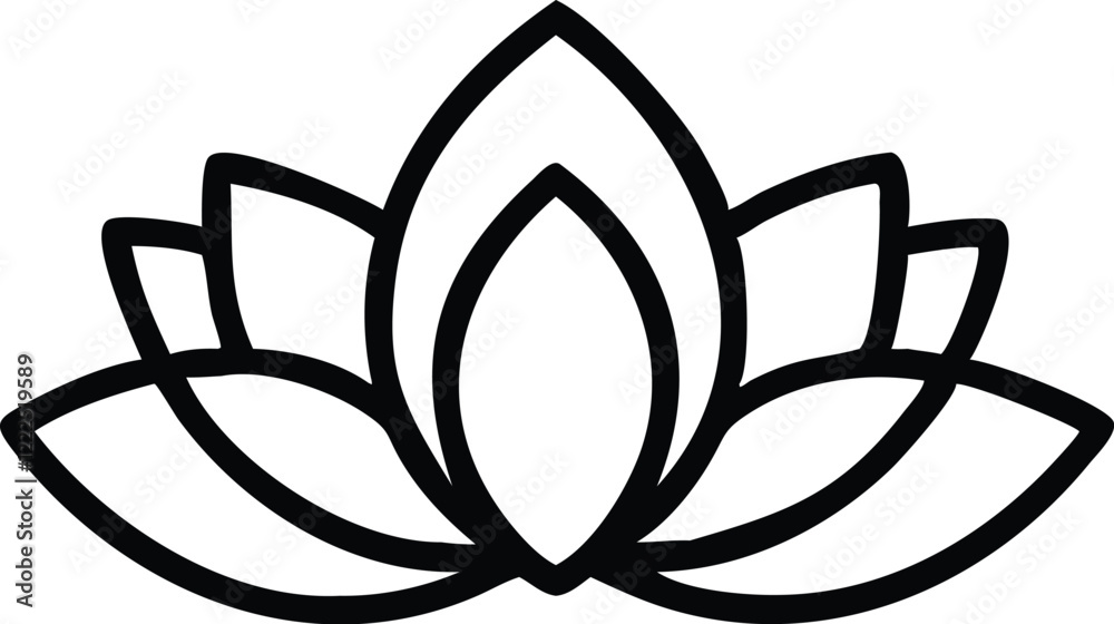 Minimalist lotus flower, black and white line drawing, symmetrical design, iconic symbol, spiritual emblem, zen-inspired artwork, simple geometric shapes, clean contours, stylized petals, centered com