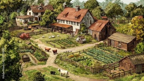 Fototapeta Naklejka Na Ścianę i Meble -  an illustration of a farmhouse with animals like chickens, cows, and a vegetable garden.