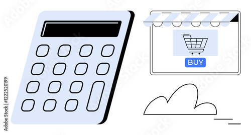 Calculator positioned next to an online shopping page featuring a cart icon and buy button, with a cloud in the background. Ideal for e-commerce, online shopping, financial calculations, budgeting